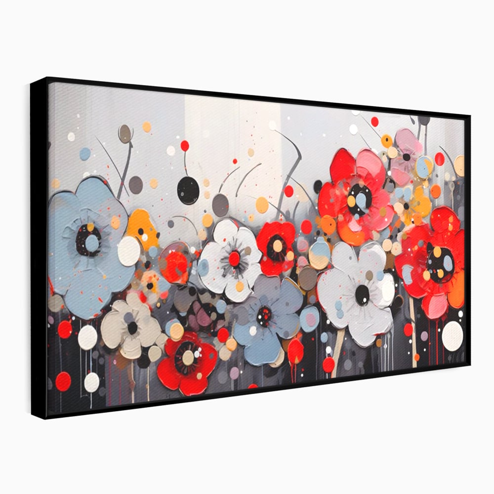 Tablou canvas cu pictura canvas cu flori colorate in relief, in rama de aluminiu negru